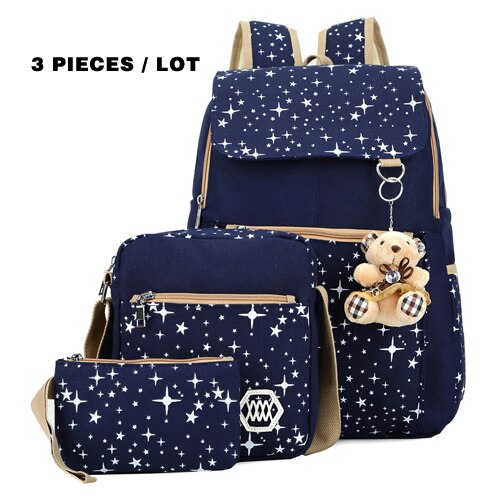 3 stk / sæt kvinder rygsæk skoletasker stjerne udskrivning søde rygsække med bjørn til teenagere piger rejsetaske rygsække mochila: Blå