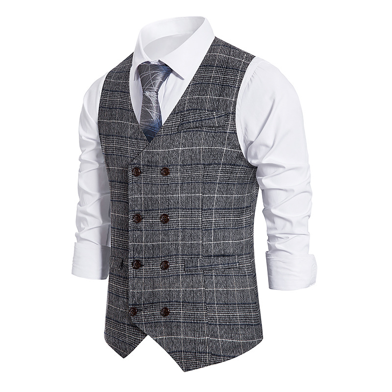 Men's Vests Fall European Code Men's Plaid Double-breasted Vest Suit Retro Waistcoat