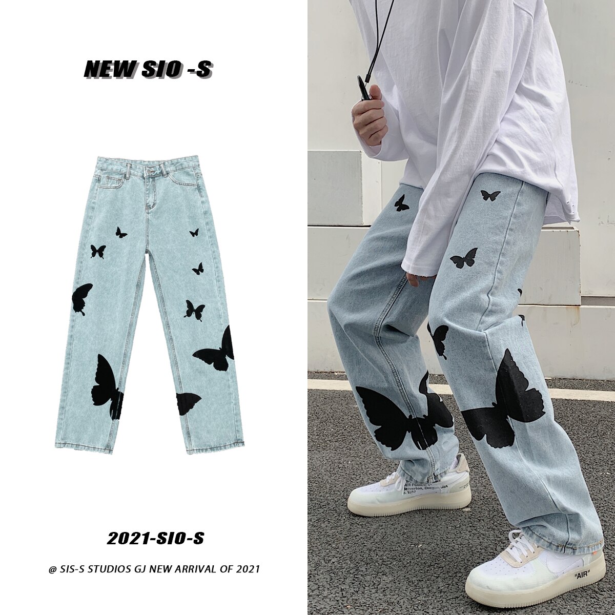 2022 Butterfly Print Jeans Men Pants Loose Baggy Jeans Casual Denim Pants Streetwear Straight Trousers Women Clothing