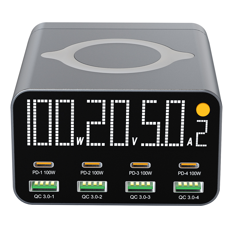 80w/120w 8 port-ladestation mit digitalanzeige, usb typ c und kabellosem ladegerät (pd  qc3.0 schnellladegerät) für laptop, tablet und smartphone: Schwarz / Eu