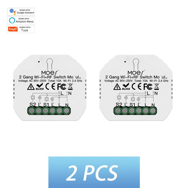 2 Gang 2 way WiFi Smart Light Switch WiFi+RF433 Smart Switch Module Tuya APP Remote Control Work with Alexa Google Home: 2 pcs