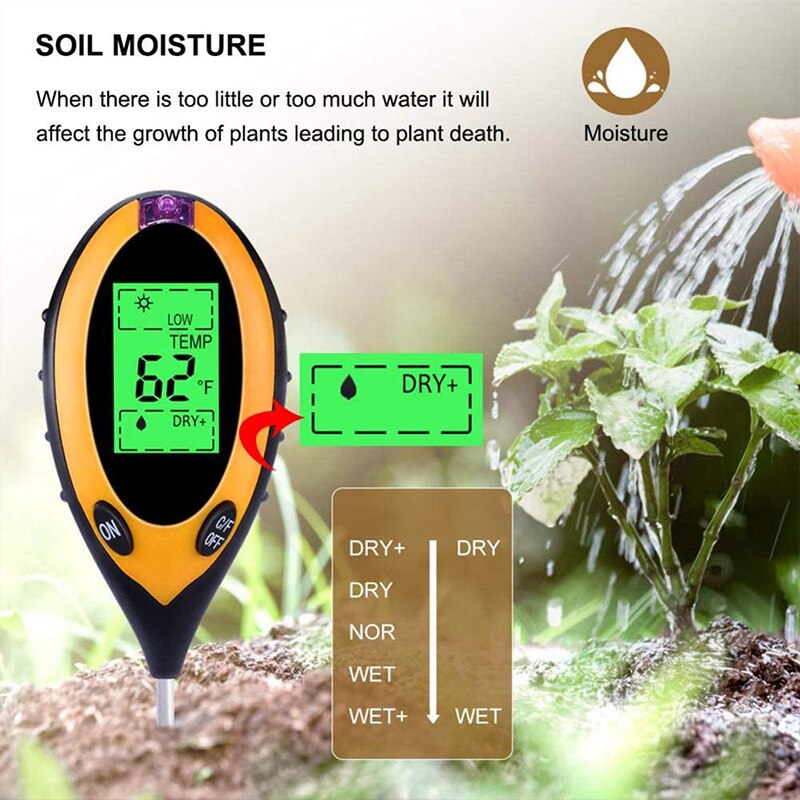 Jord ph meter 4 in 1 digital jord ph meter med fugt lys ph tester til plantning af haven gård græsplæne udendørs