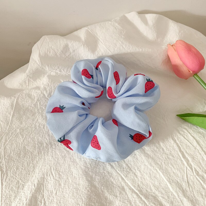 Strawberry Intestine Hair Band INS South Korea Cute GIRL'S Hair Accessories BM Hair Band Chiffon Fabric for Tying Hair fei chang: Blue Strawberry