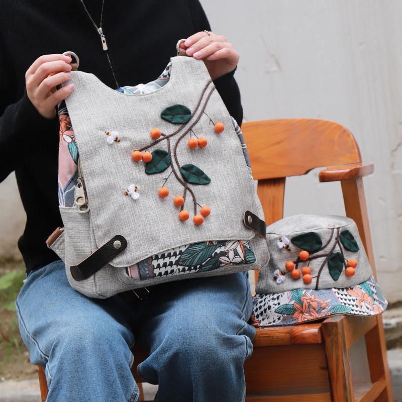 Zaino etnico Borsa a tracolla da donna in lino di cotone retrò Zaini multiuso femminili Borse da viaggio leggere per zainetto da ragazza