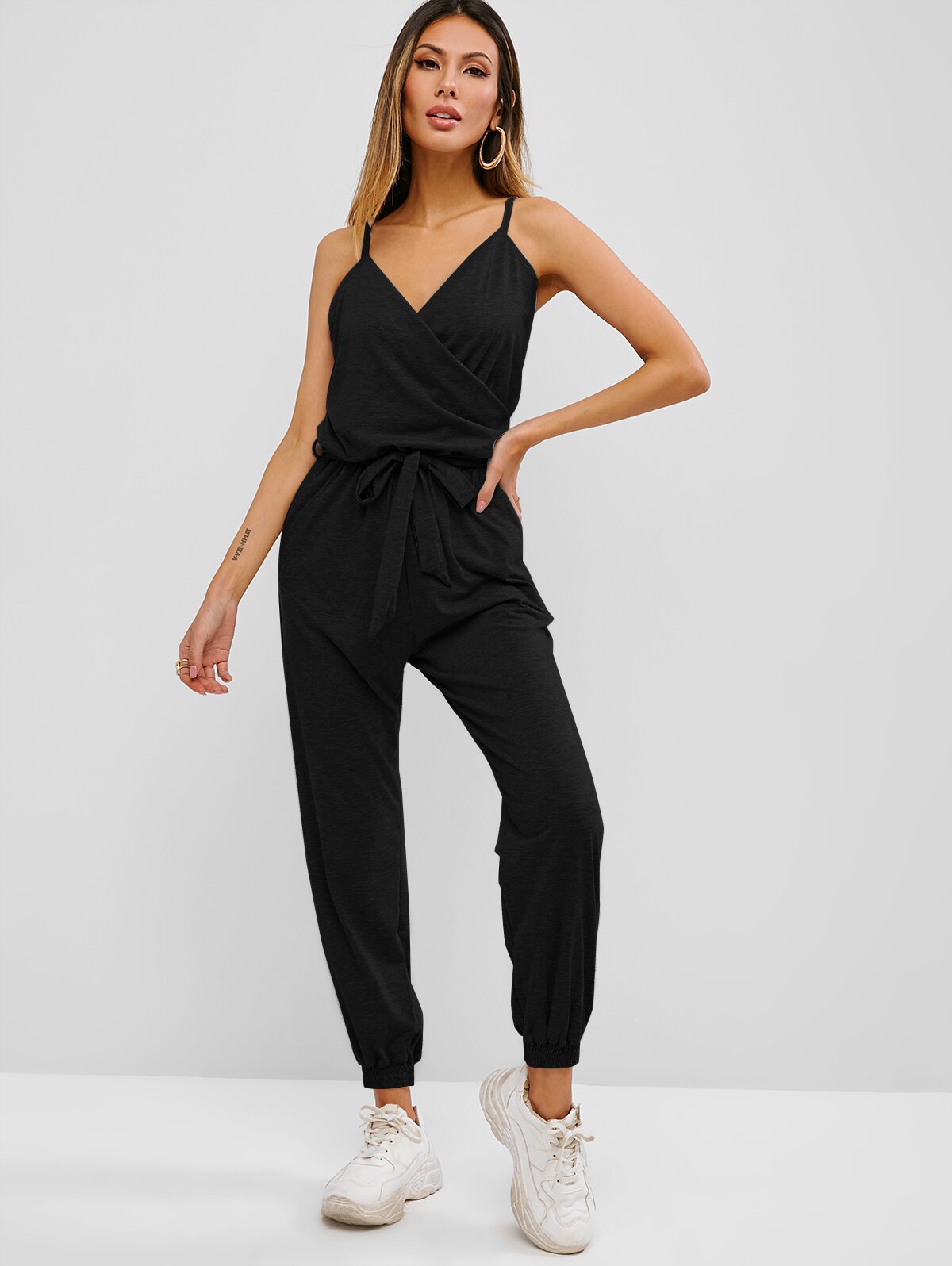 ZAFUL Women Jumpsuits Rompers Cami Belted Surplice Jogger Jumpsuit Solid V-Neck Loose Overalls Pants Casual Wear