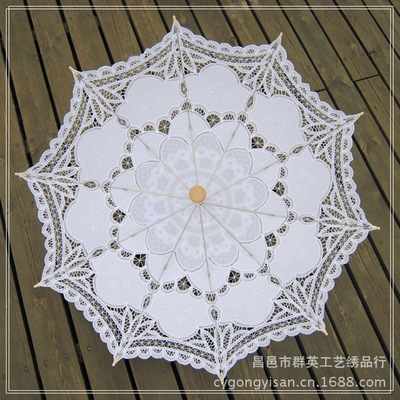 Holz Stickerei weiß Spitze Sonnenschirme hochzeit Holz welle Baumwolle tuch Sonnenschirm Radius 48 cm Hochzeit Regenschirm und Fan einstellen