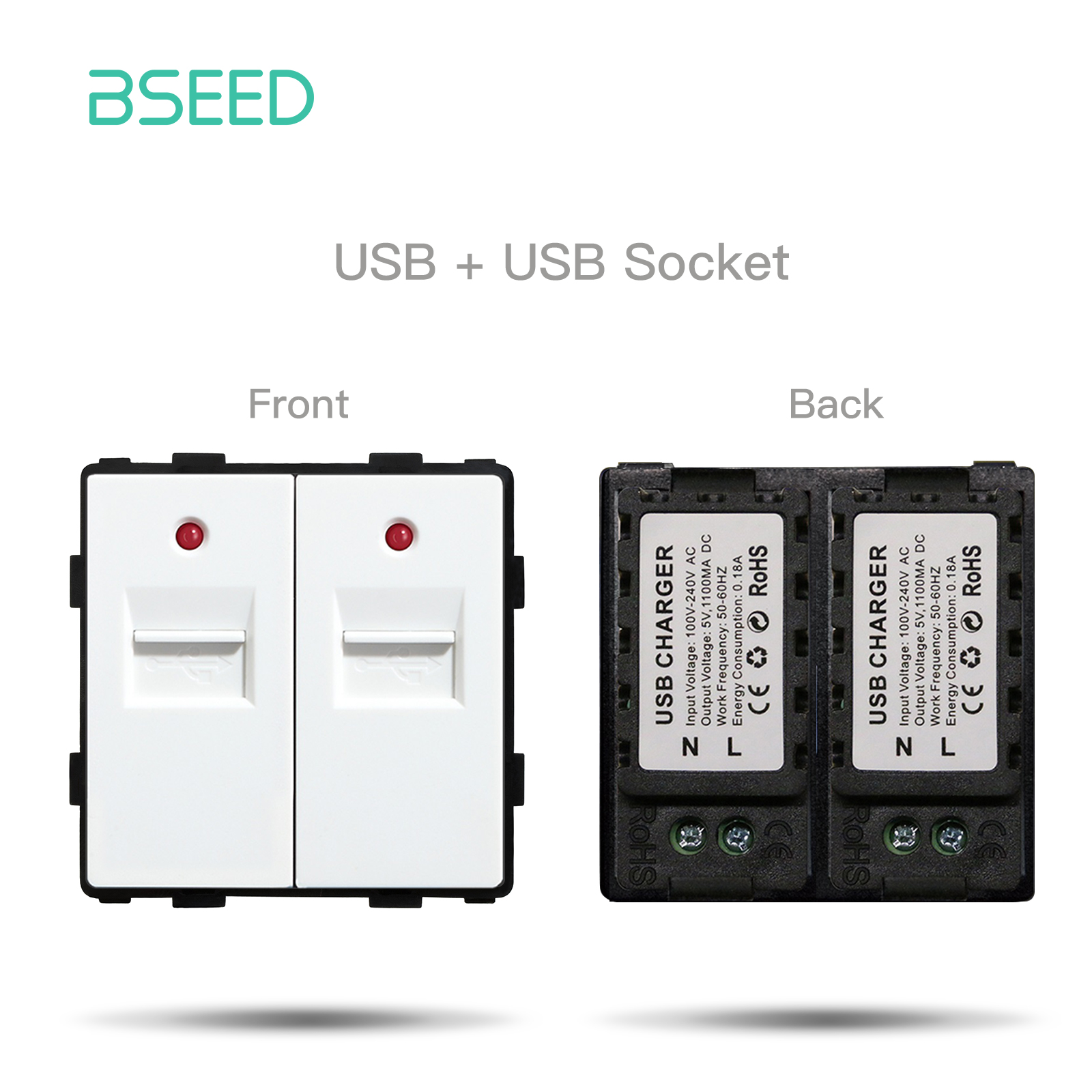 BSEED Wall Light Switches Parts White Glass Frames USB Sockets Function Module DIY EU CAT5 TV Sockets Power ST TEL Outlet Parts: Double USB Part