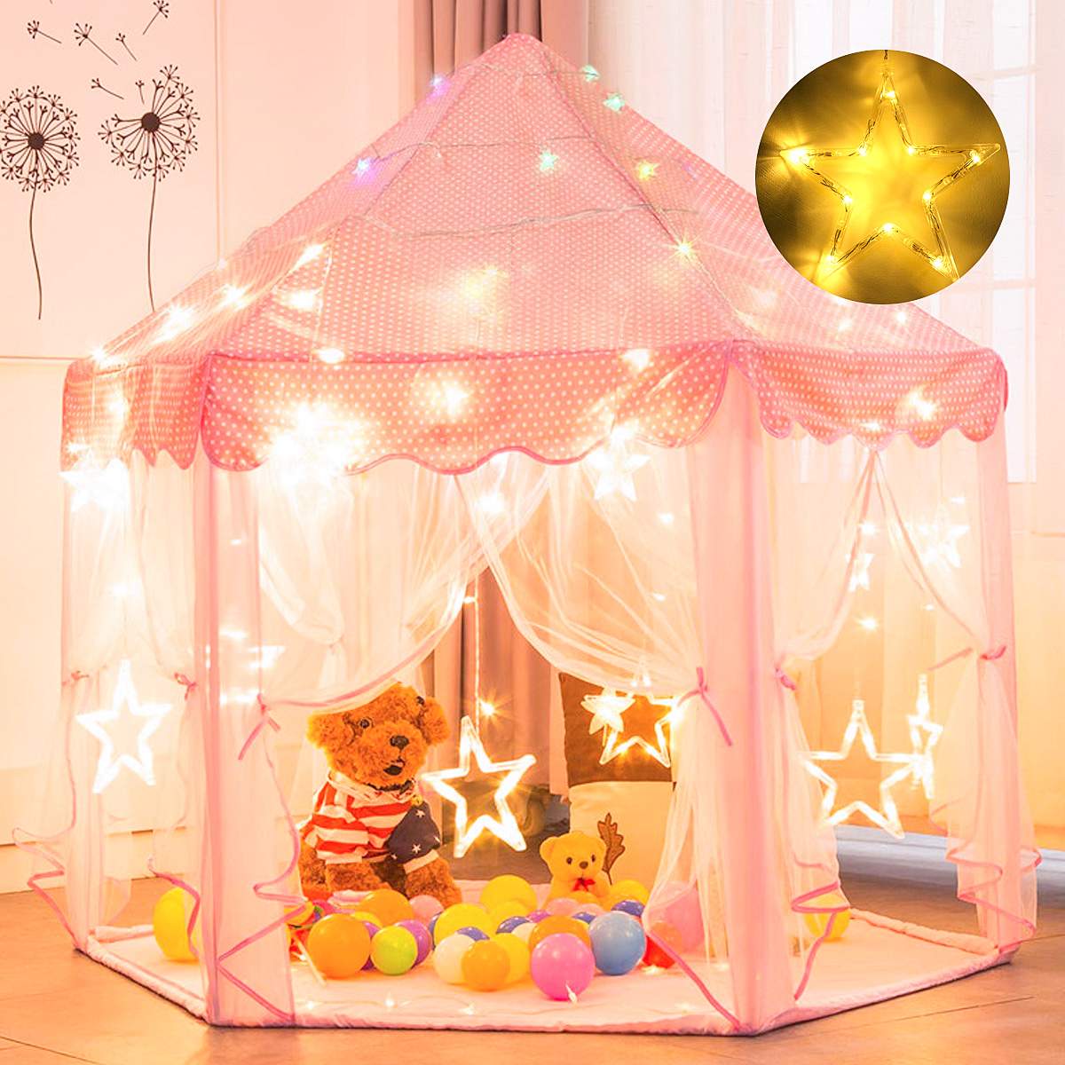 Draagbare Roze Meisjes Kasteel Speel Tent Prinses Speelhuisje Kinderen Kids Indoor Speelgoed Baby Met Ster Led Verlichting