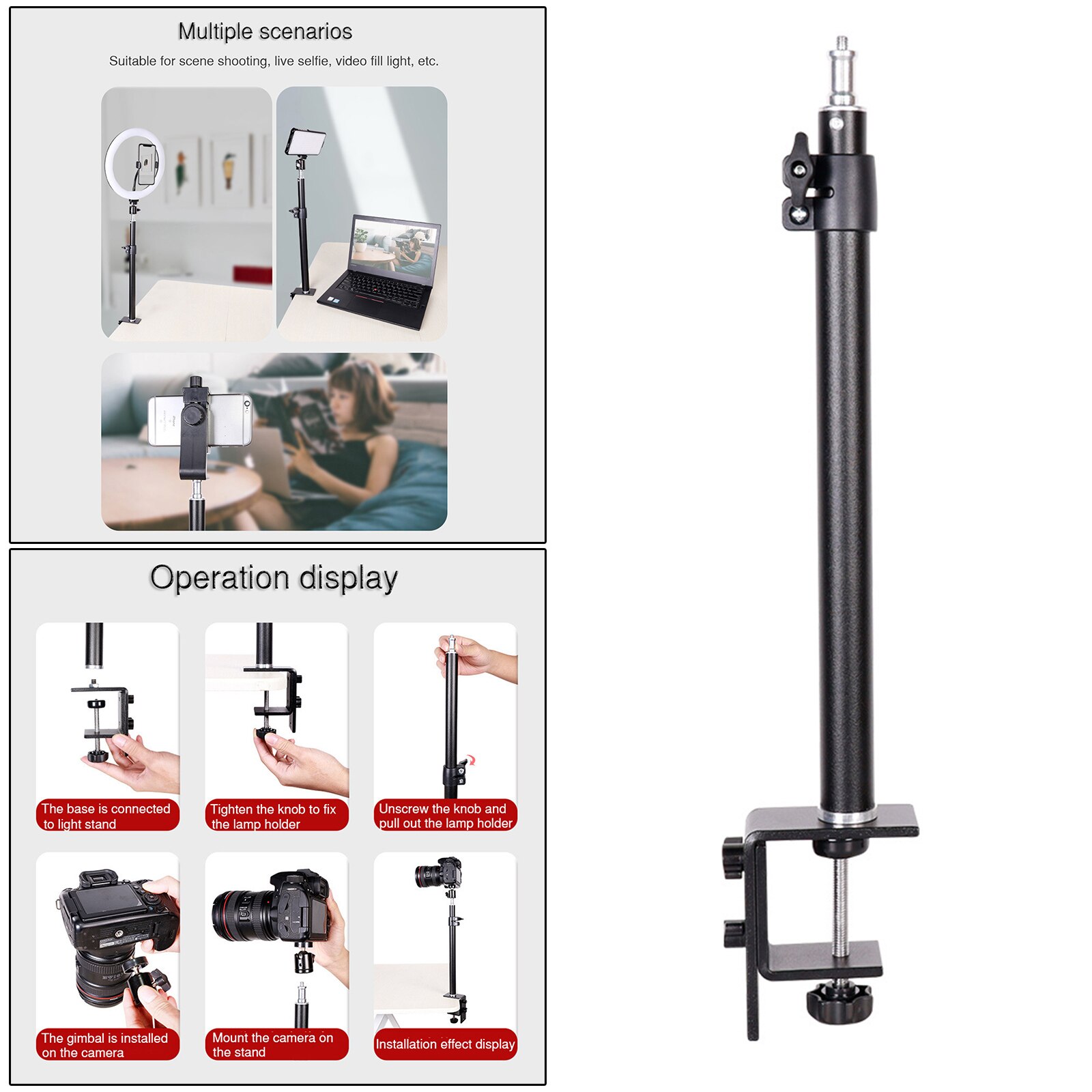 46-74cm Adjustable Tabletop C Clamp Desk Camera Mount Stand with 1/4 Screw for DSLR Camera Ring Light Camcorder Black