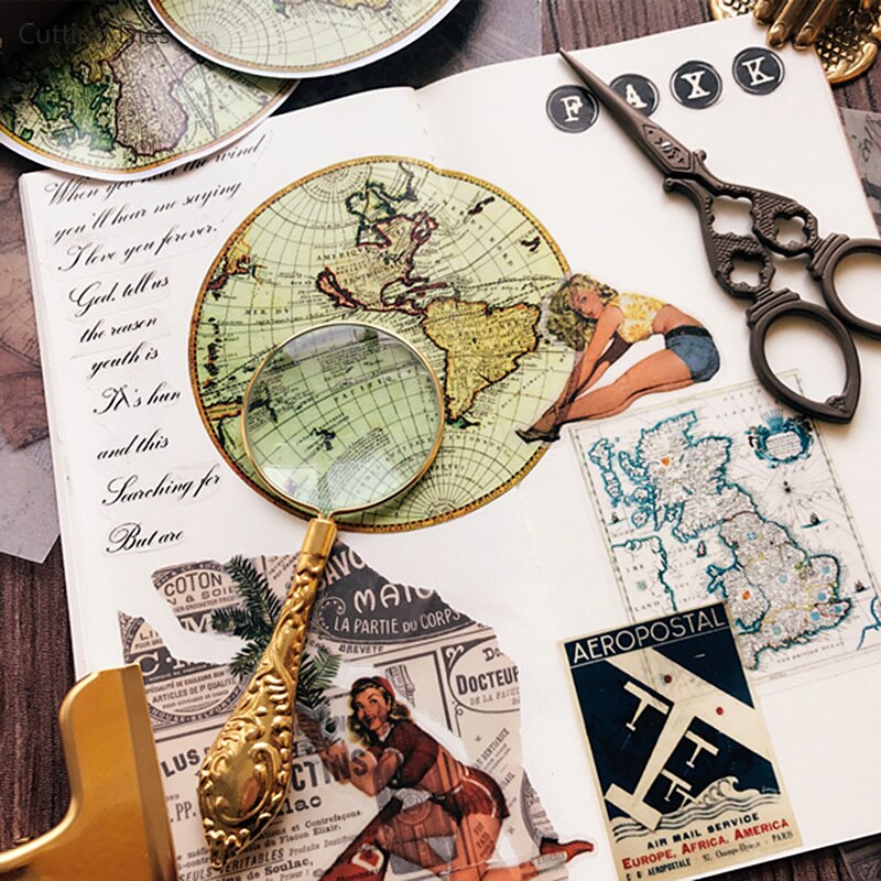 Retro Earth Map Printed Vellum Self-adhesive Paper Stickers For Scrapbooking DIY Card Making Handmade Crafts