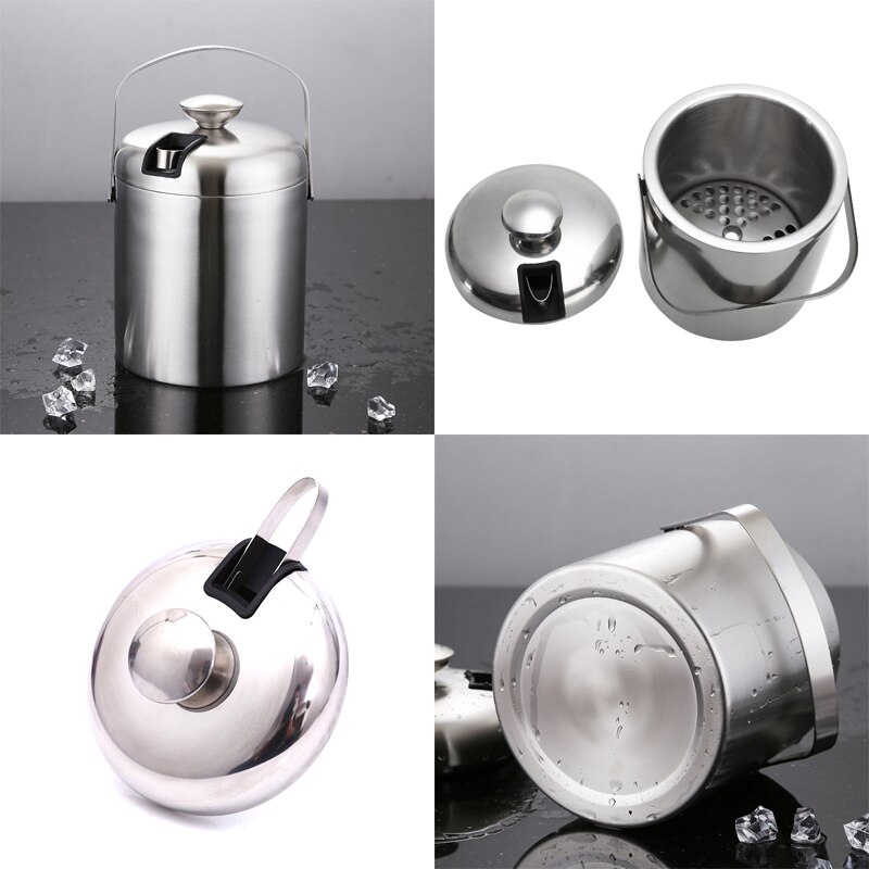 YMEEI 1.3L Ice Bar Bucket Stainless Steel Double Wall Ice Cube Container Champagne Bucket With Tongs Lid Home Bar Tool