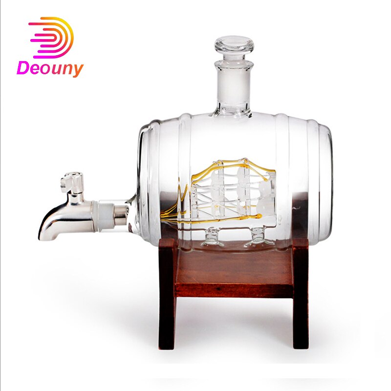 DEOUNY Glass Barrel Whiskey Decanter Nautical Liquor Dispenser Lead Free Beer Decanter For Bourbon Rum Brandy Decoration 1000ml