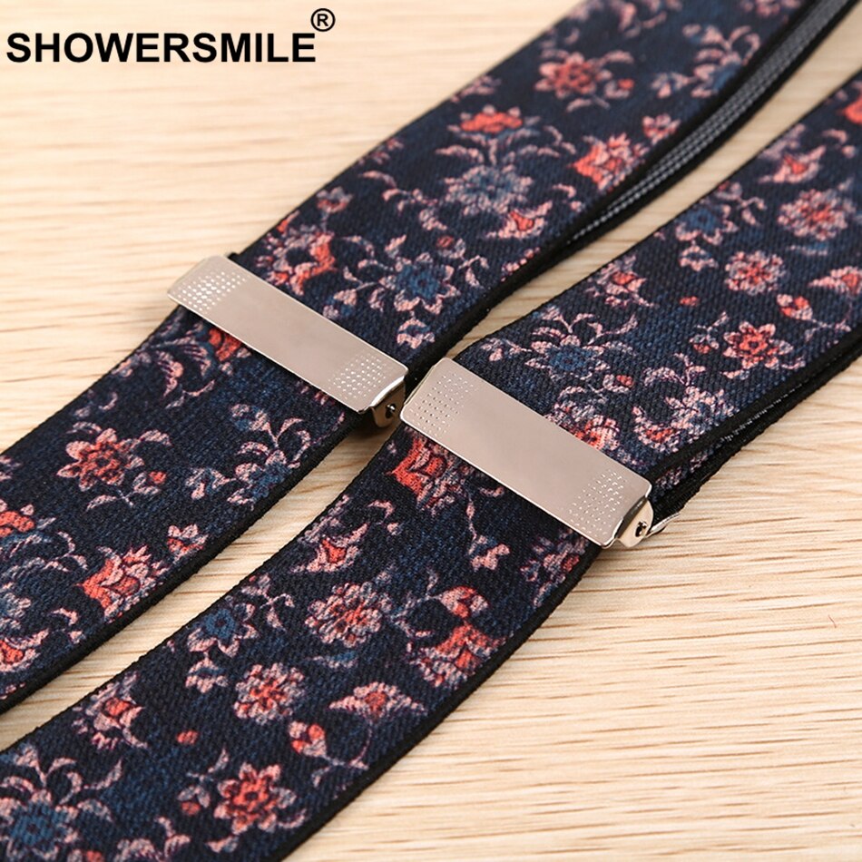 SHOWERSMILE-bretelles Floral pour hommes, larges bretelles Vintage pour pantalons masculin, imprimé marine, ceinture à bretelles arrière en Y avec Clips, 100cm