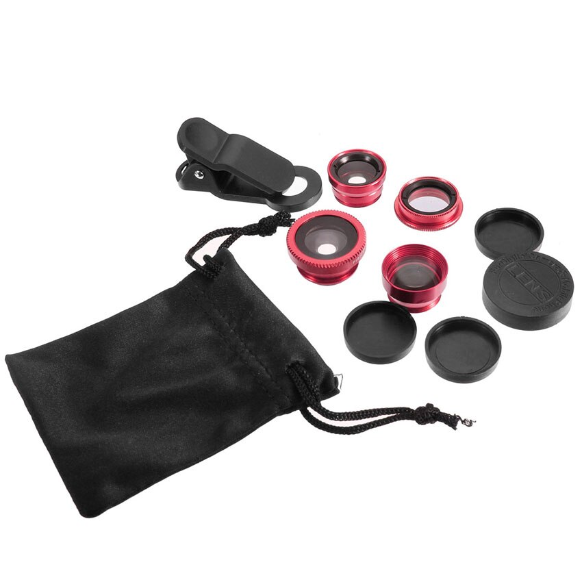 5 in 1 Clip Fisheye Wide Angle Macro Camera Phone Lens Kit For iPhone Samsung: Red