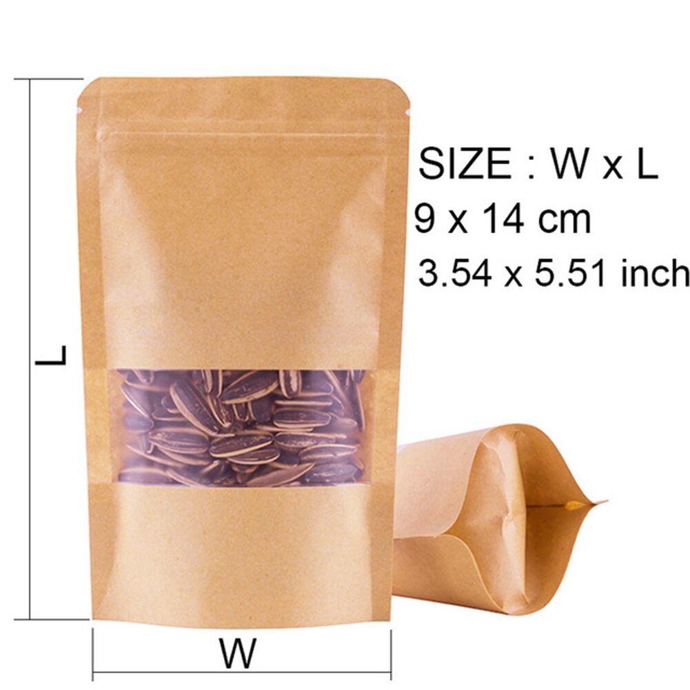 50pcs Kraft Paper Bags Zip Lock Brown With Window Stand Up Pouchs Tea Coffee Bean Candy Wedding Packaging Food Storage