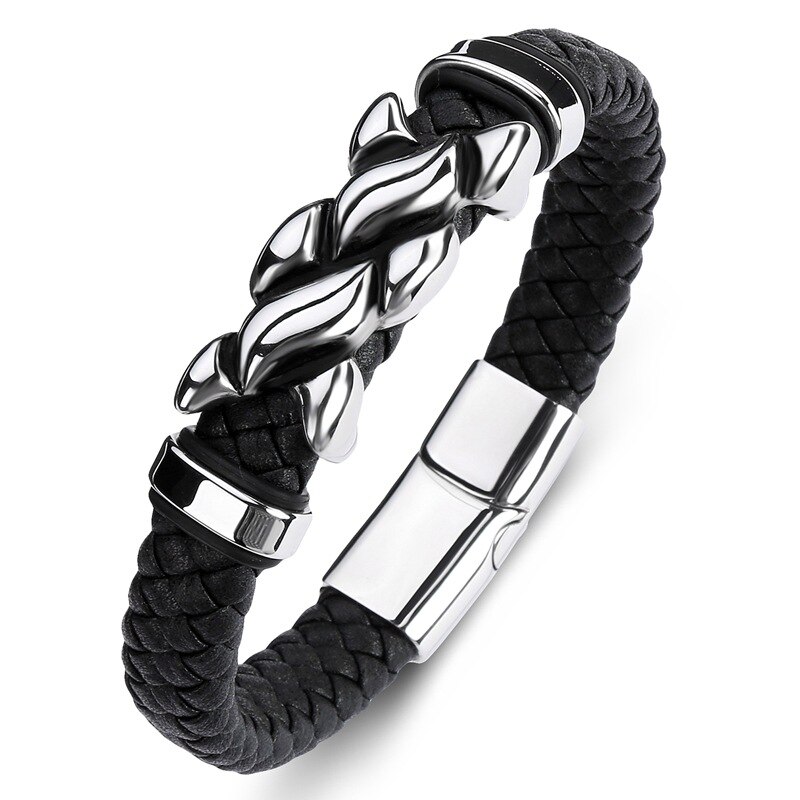 Punk Leather Braided Bracelet Flame Stainless Steel Magnetic Clasp Bangle Stylish for Men Women Cuff Bracelets