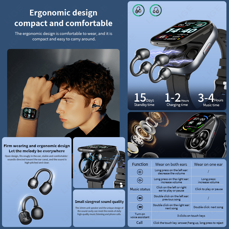 LIGE Nuovo 2 In1 Auricolari Astuto Della Vigilanza Degli Uomini Auricolare Bluetooth Chiamata Orologi Uomini Monitor di Salute Sport Musica Donne Smartwatch Auricolari