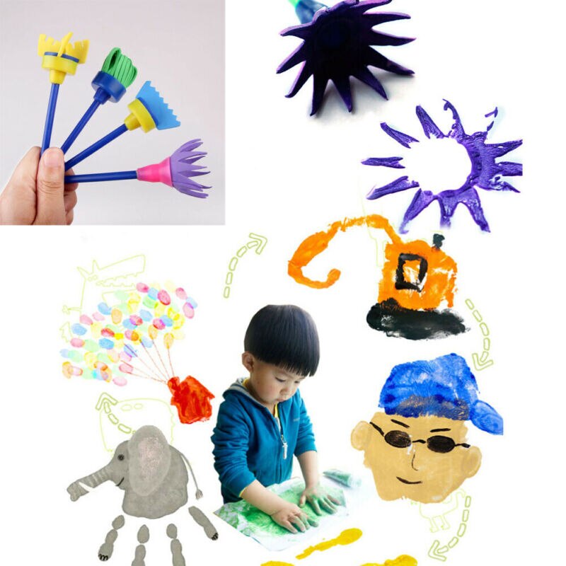 Pinceau de peinture en éponge pour enfants, tampon de fleur, jouets de dessin Graffiti, DIY bricolage, 4 pièces/lot