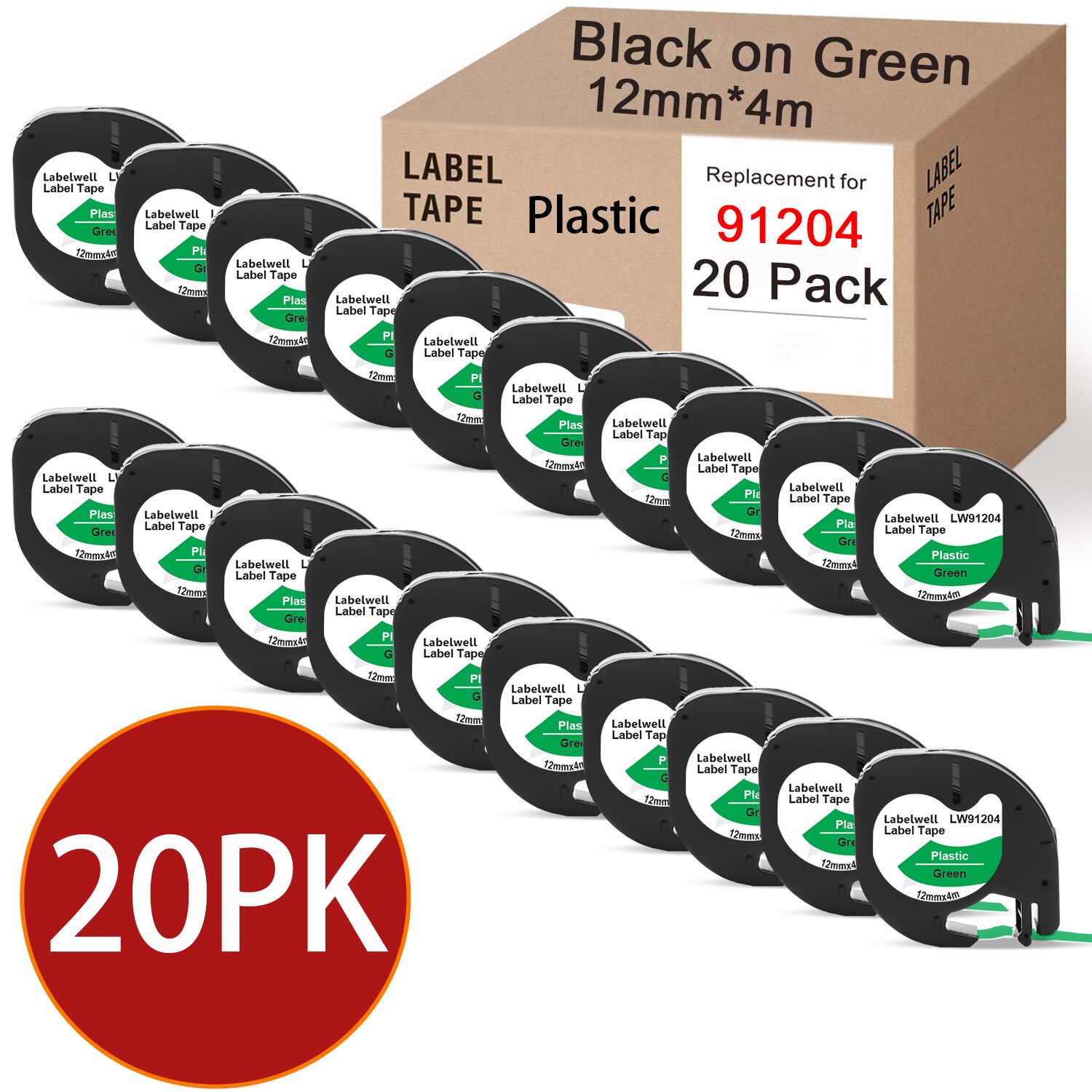 20Pcs 12267 Compatibel Dymo Letratag 91201 Zwart Op Witte Plastic Label Voor Dymo LT-100H Label Maker Eva LT100H Eva printer Case: 20PK Black on Green