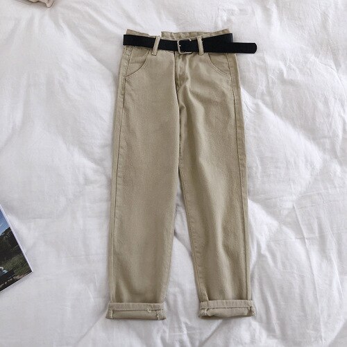 Woherb vintage dam boyfriend jeans för kvinnor mamma jeans med hög midja casual penna byxor koreanska streetwear bälte jeansbyxor: Kaki / L