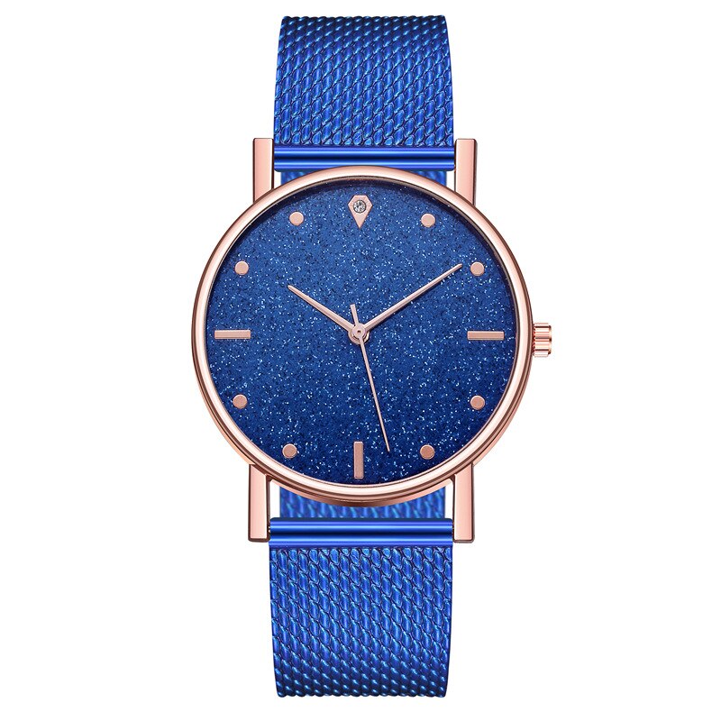 frauen Uhren Edelstahl Zifferblatt Casual Armband Uhr Damen Luxus Quarzuhr Zegarek Damski Reloj Mujer: W002-Blue