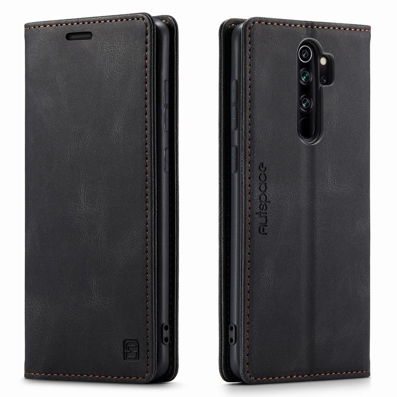 Xiaomi用レザーフラップケース,redmi note 8 pro用デラックスケース,強力な磁気カードホルダー付きマットウォレット: Black