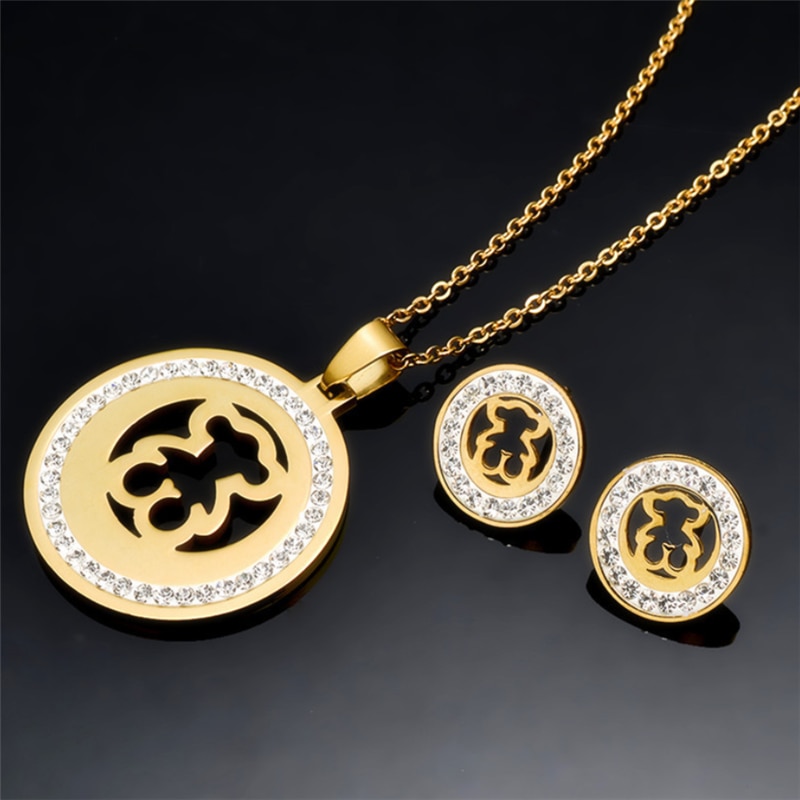 Collana con orecchini pendenti a forma di orso collana con ciondolo a forma di CZ dorata regalo da donna collana in acciaio inossidabile gioielli di moda