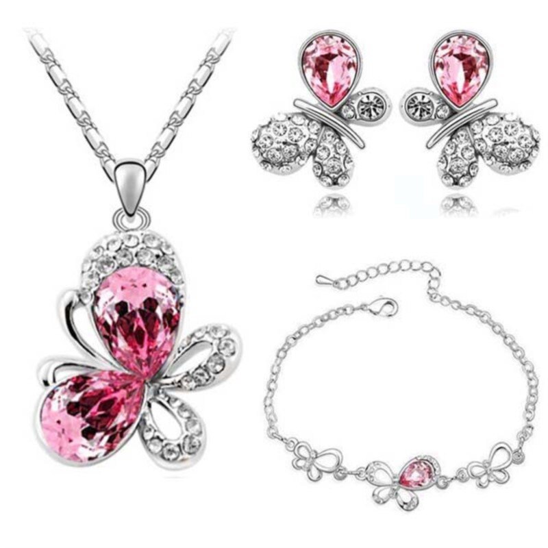 Østrigsk krystal sommerfugl vedhæng smykkesæt halskæde øreringe armbånd tilbehør sød romantisk
