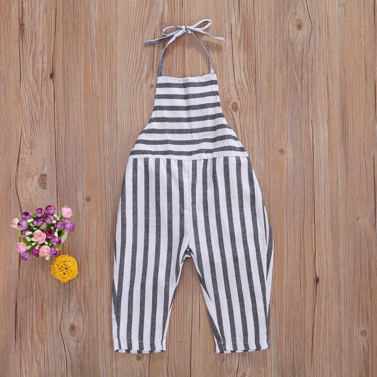 1-5Y Summer Infant Baby Girls Overalls Pants Blue Striped Print Sleeveless Belt Jumpsuits Outfits