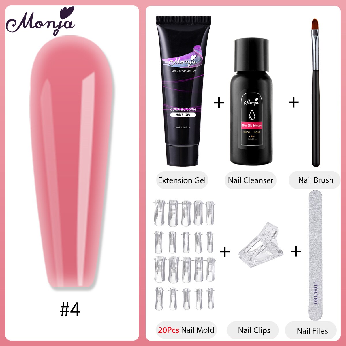 Monja 6 Stks/set Nail Art Uitbreiding Kit Acryl Uv Gel Nail Files Nail Mallen Builder Schilderen Borstel Anti Oplossing Diy manicure Set: 4