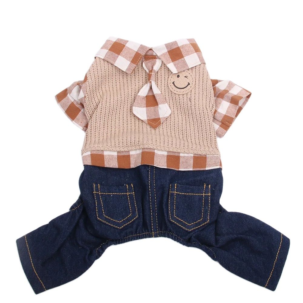 Dog Cat Jumpsuit Sweater Plaid Bowtie Pet Puppy Coat Jacket Autumn/Winter Clothes Overalls: XL / Brown