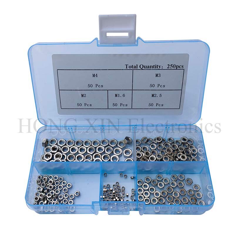 250Pcs/set Nickel Plated M1.6 M2 M2.5 M3 M4 Carbon Steel Hex Nut Assortment Kit Hexagon Nuts Metric Thread Assortment Kit