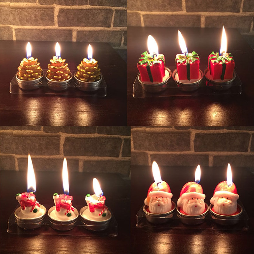3pcs Cute Christmas Tealight Candles Santa Snowman Pine Cone Box Candle for Home Xmas Party Celebration Decorations