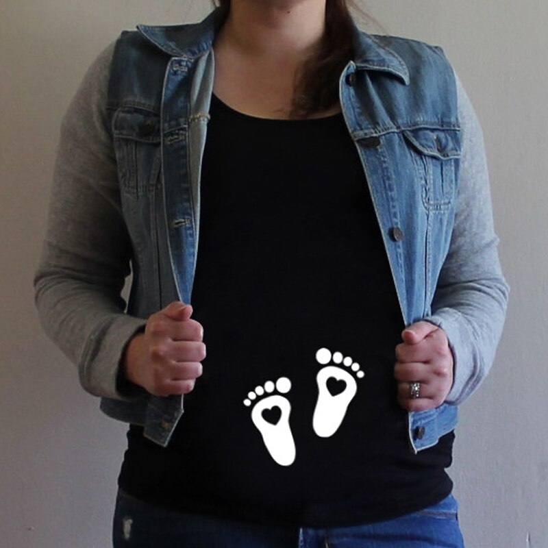 Sommer kortærmede gravide t-shirts mærke kvinder graviditetstøj baby fodaftryk tryk barsels t-shirt
