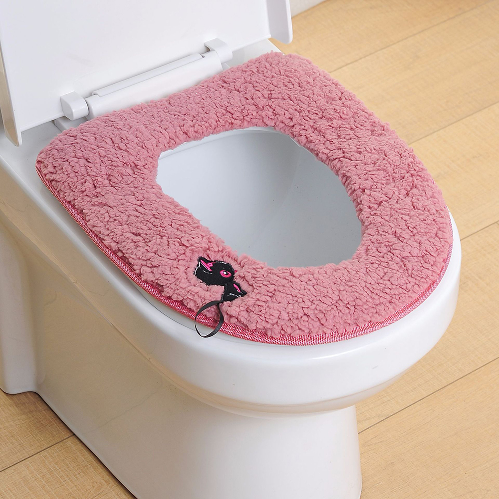 1 st tjocka toalettstolsöverdrag söt broderad tecknad filmmatta klibbig knapp närpall lock överdrag tillbehör toalett mjuk kudde: Rosa