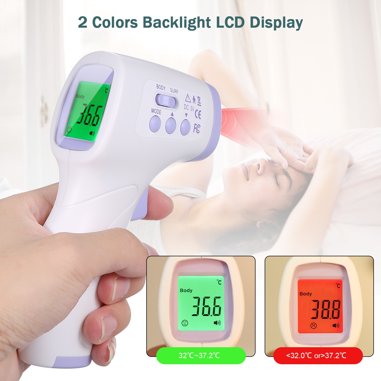 VIP Non-contact Infrafred Thermometer Forehead Ear Thermometer 0.5s Fast Reading Beep Alarm LCD Display 3-color Backlight