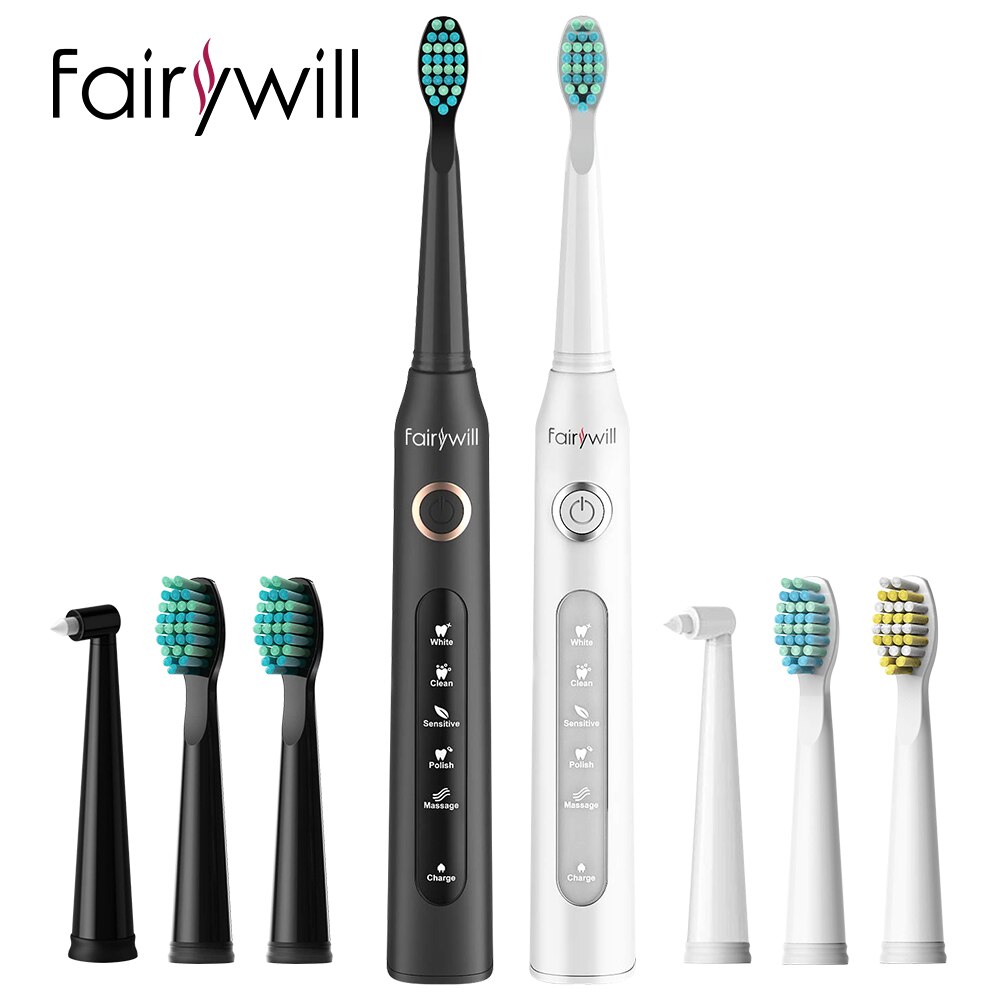 Fairywill Electric Sonic Toothbrush FW-507 Rechargeable USB Charge Waterproof Electronic Tooth 8 Brushes Replacement Heads Adult: FW507.FW507White