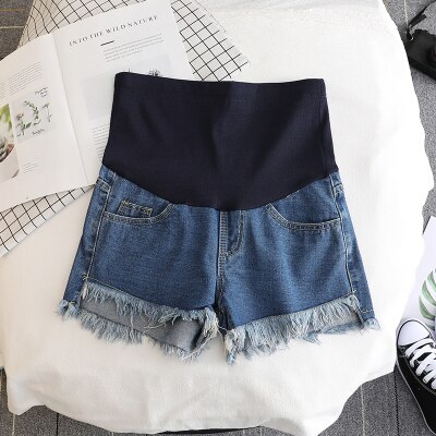 Short de maternité en Denim blanc fin, taille haute, ventre court, vêtements pour femmes enceintes, Shorts décontractés, collection été 17432: Bleu / L