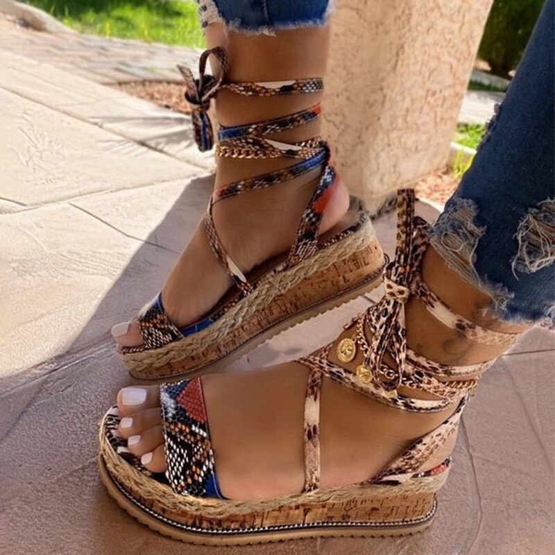 Sommer kvinder slange sandaler platform hæle tværbånd ankelblonder kigge tå strand fest damesko zapatos de mujer