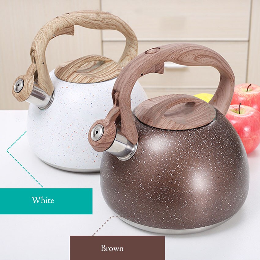 1Pc 3L Stainless Steel Water Kettle Antique Wood Pattern Nylon Handle Whistling Kettle Kitchen Flat Bottom Boiling Tea Kettles