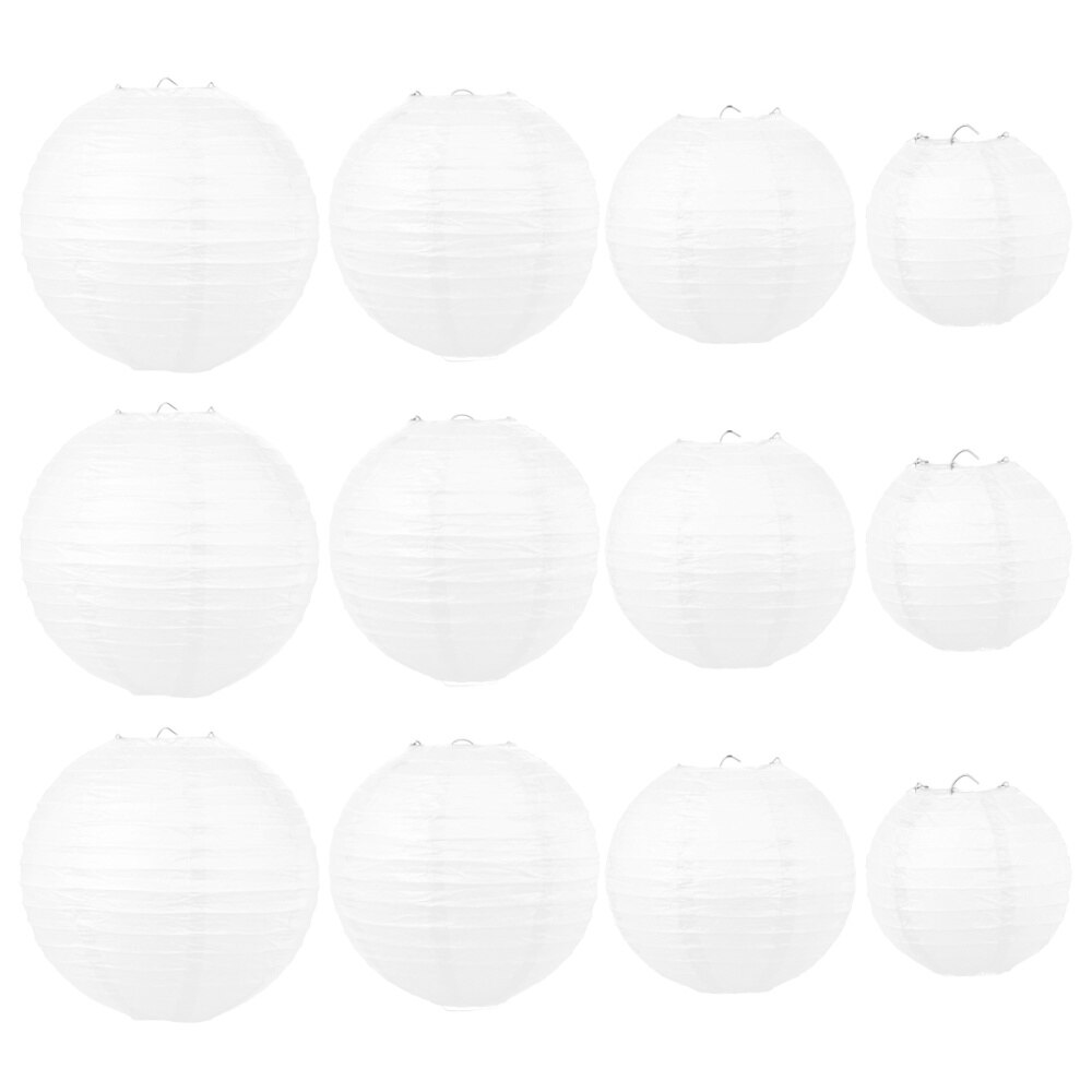 12pcs Foldable Paper Chinese Lanterns Festive Round Hanging Lantern Decor for Year Spring Festival - Golden (6 Inches + 8 In: White
