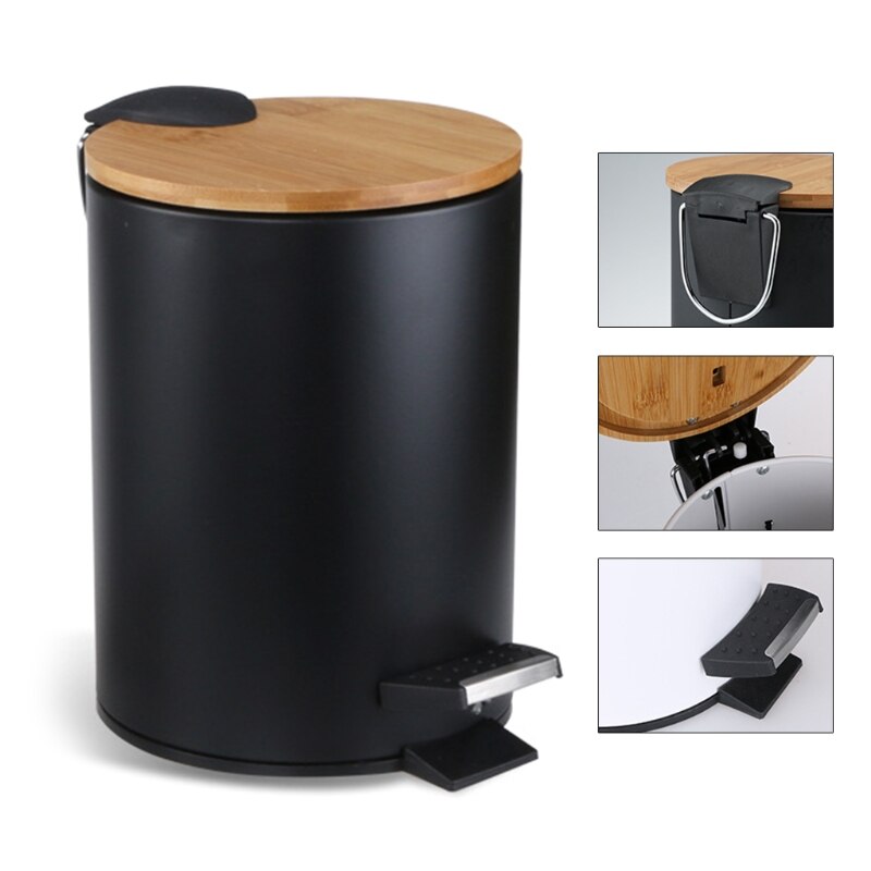 3/5L Wooden Flip Step Trash Can Garbage Rubbish Bin Waste Container Organizer for Bathroom Kitchen Office