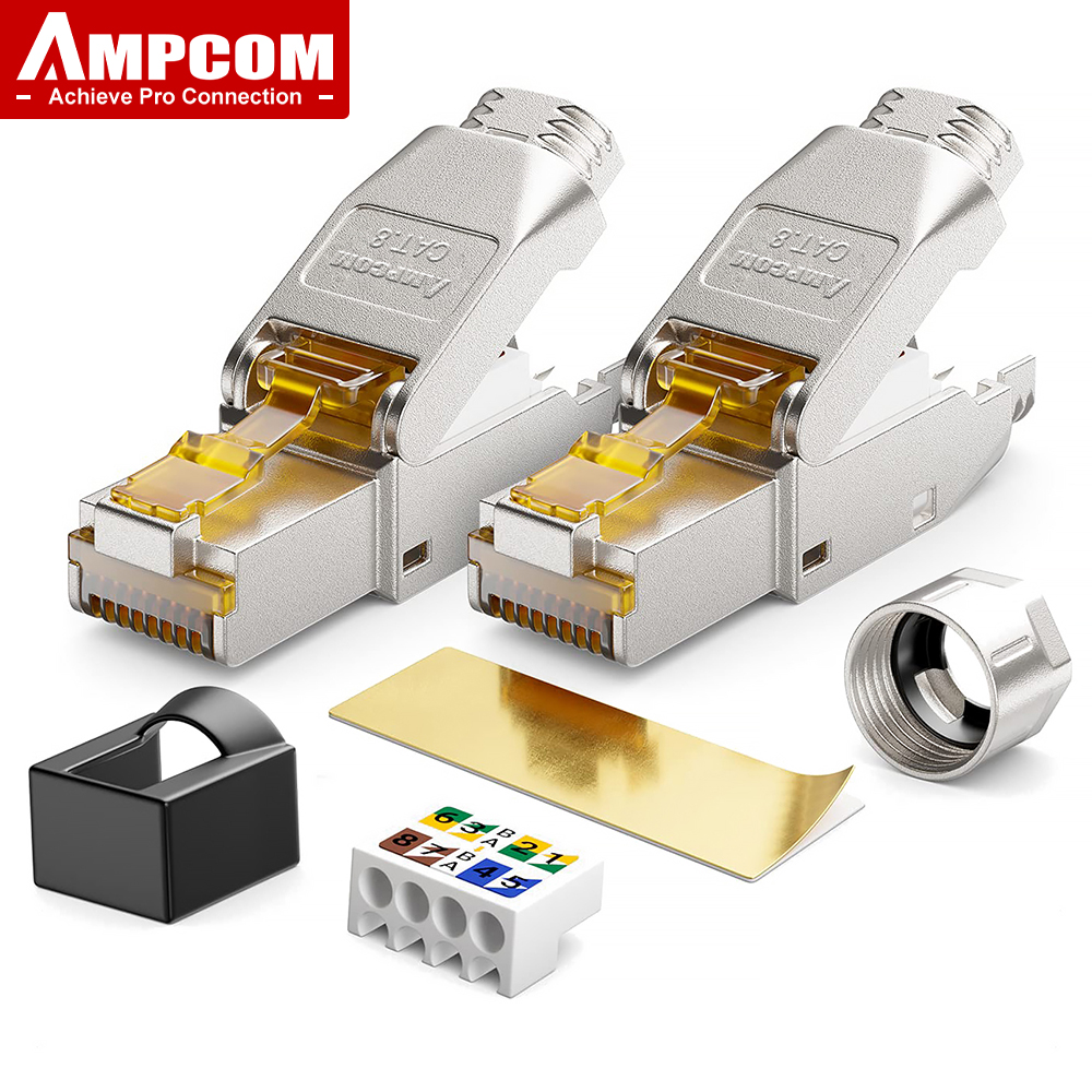 Conector AMPCOM RJ45 sin herramientas, enchufes de terminación reutilizables sin herramientas CAT8/7A/7/6A/6 enchufe Modular de campo Ethernet blindado