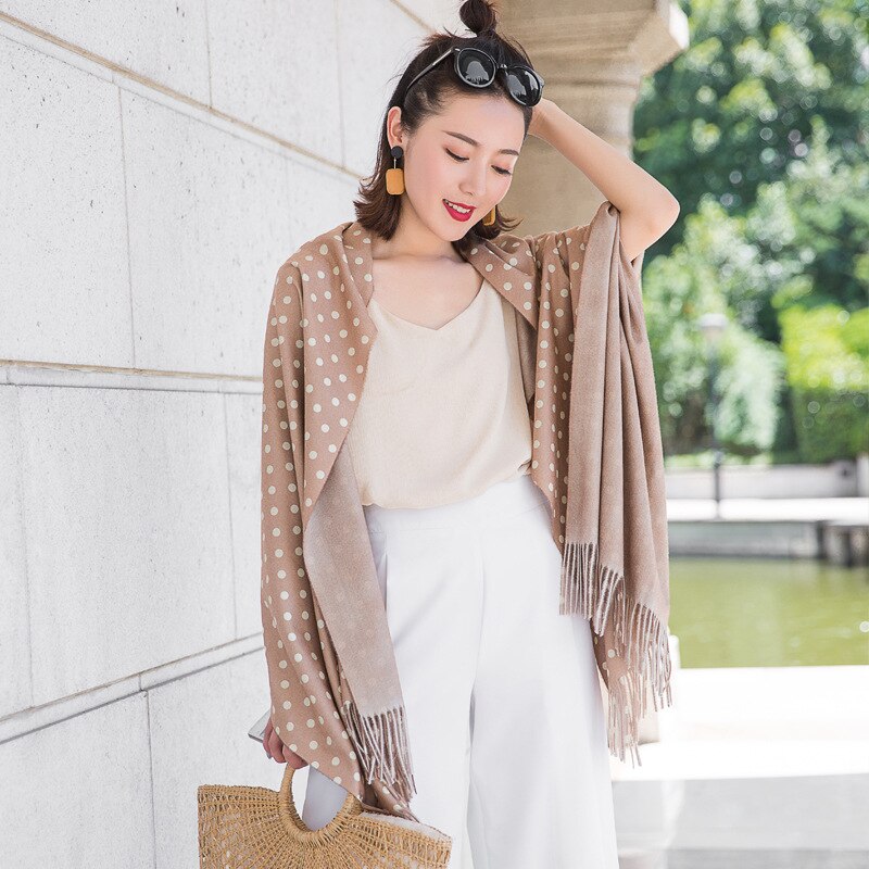 Høst vinter skjerf kvinner sjal dobbeltsidig skjerf faux kasjmir polka punktum lange dusker vinter fast skjerf 70 x 205cm
