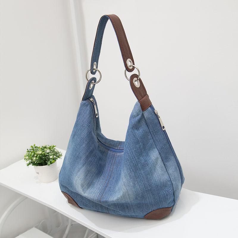 Women Denim Tote Bag Casual Canvas Jean Large Capacity Top Handle Bag One Shoulder Bags: light blue