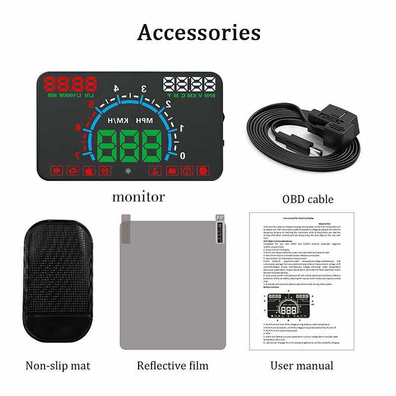 Headerbs HUD Voiture – Affichage Tête Haute Avec Alarme Fatigue Et Survitesse – Projecteur Pare-brise Multifonction