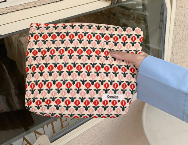 Cosmetic Bag Women Floral Makeup Case Organizer Korean Embroidery Cosmetic Pouch Travel Toiletry Bag Corduroy Canvas Beauty Case: GRAY