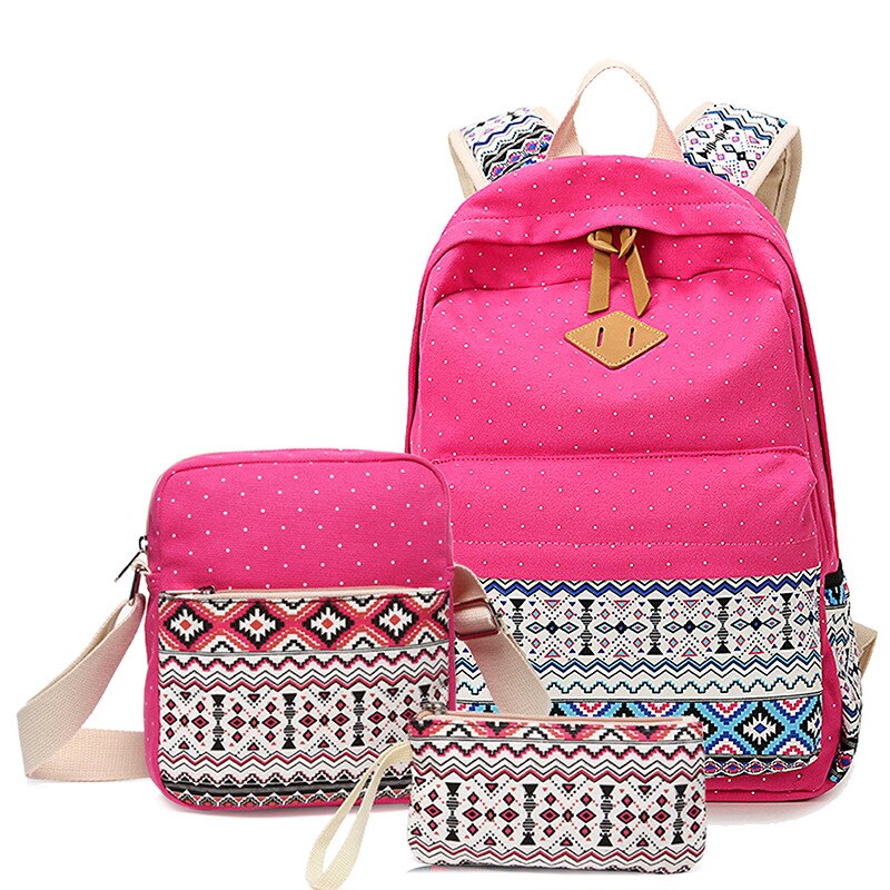 Diomo lærred skoletasker sæt til piger kvindelig rygsæk skoletasker rygsæk feminin bogtaske: Hot pink