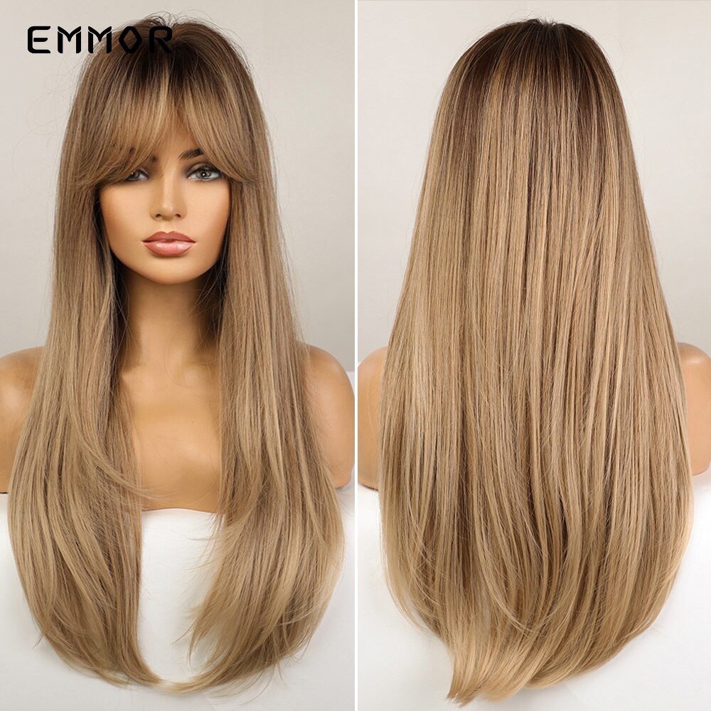 Emmor Synthetic Black Root Ombre Light Golden Blonde Straight Hair Wigs with Bangs High Temperature Cosplay Daily Wig for Women: EM336