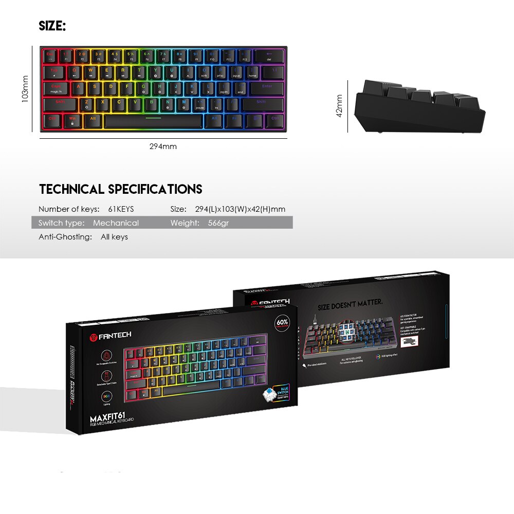 FANTECH MAXFIT61 Gaming Mechanical Keyboard USB Wired 61 keys with RGB Swappable Switches for PC Computer Gamer